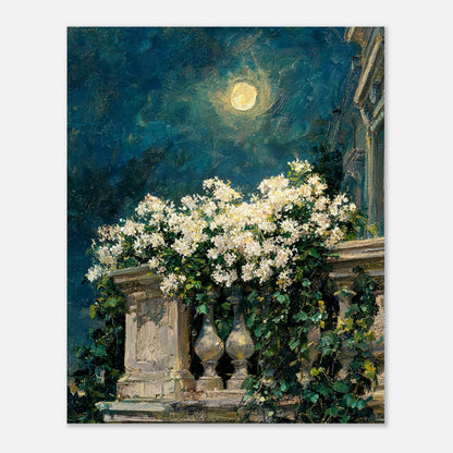 Moonlit White Blossoms Balcony Impressionist Art Print