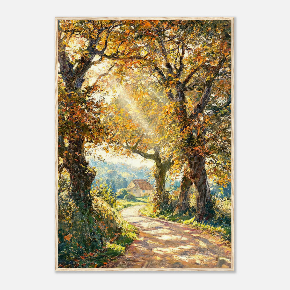 Sunlit Autumn Forest Path Impressionist Art Print