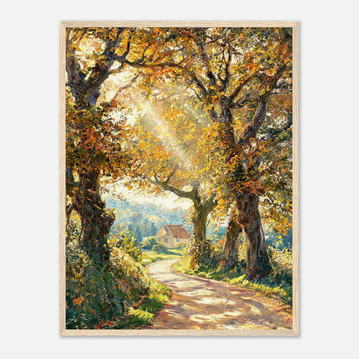 Sunlit Autumn Forest Path Impressionist Art Print
