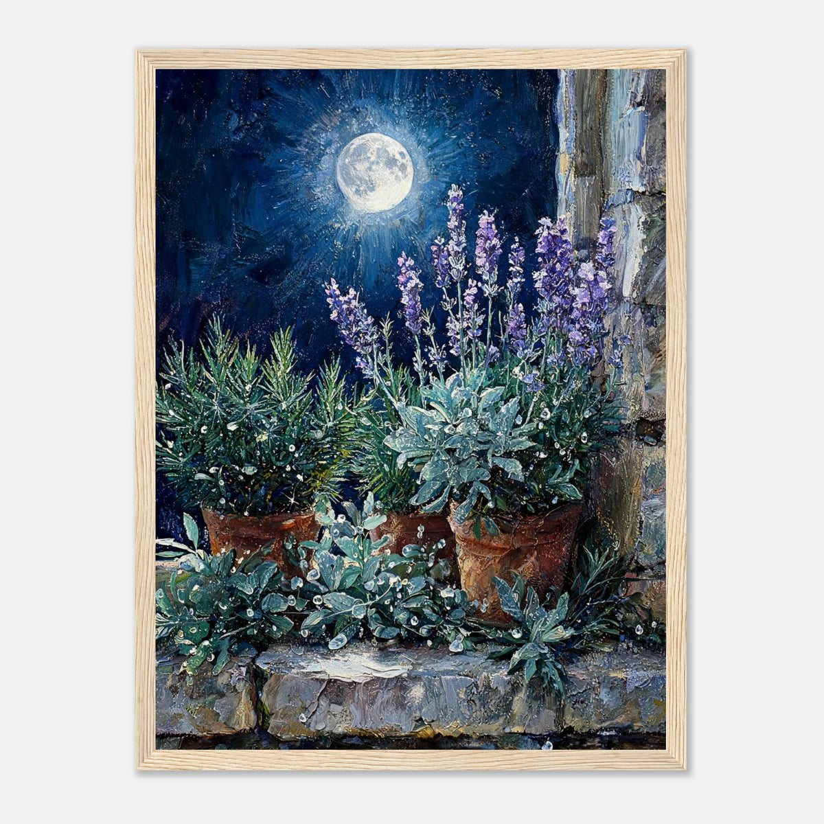 Moonlit Potted Lavender by Stone Window Impressionist Art Print