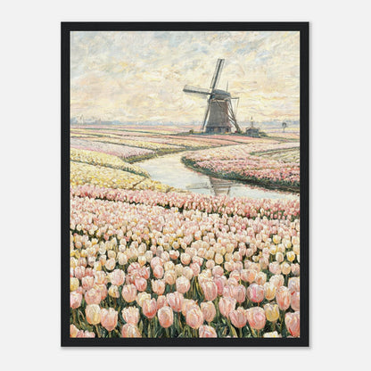 Dutch Tulip Fields & Windmill Impressionist Art Print