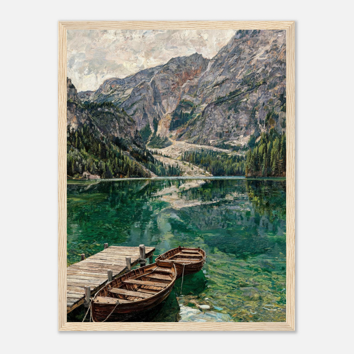 Wooden Boats on Alpine Lake Impressionist Art Print