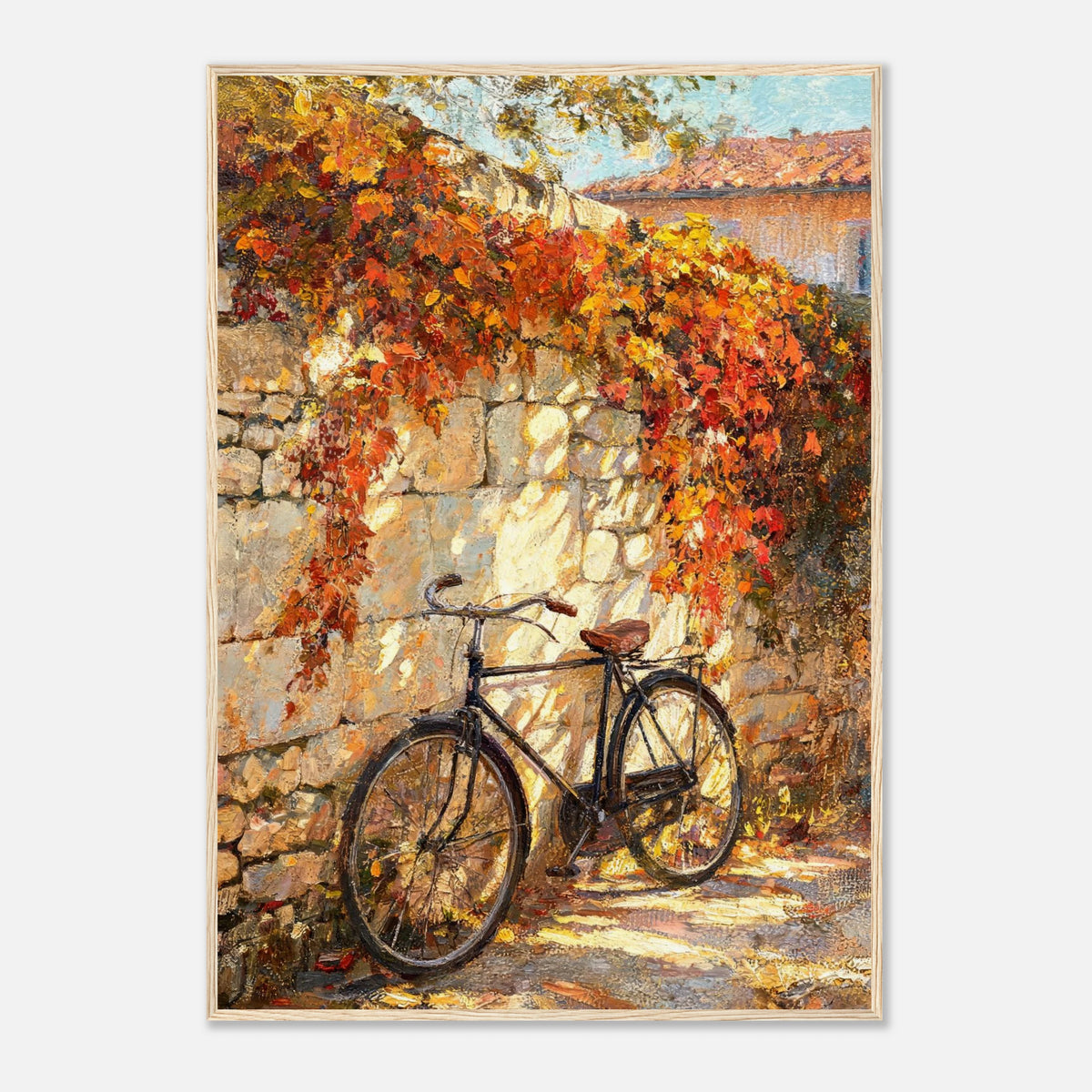 Autumn Vintage Bicycle Stone Wall Impressionist Art Print