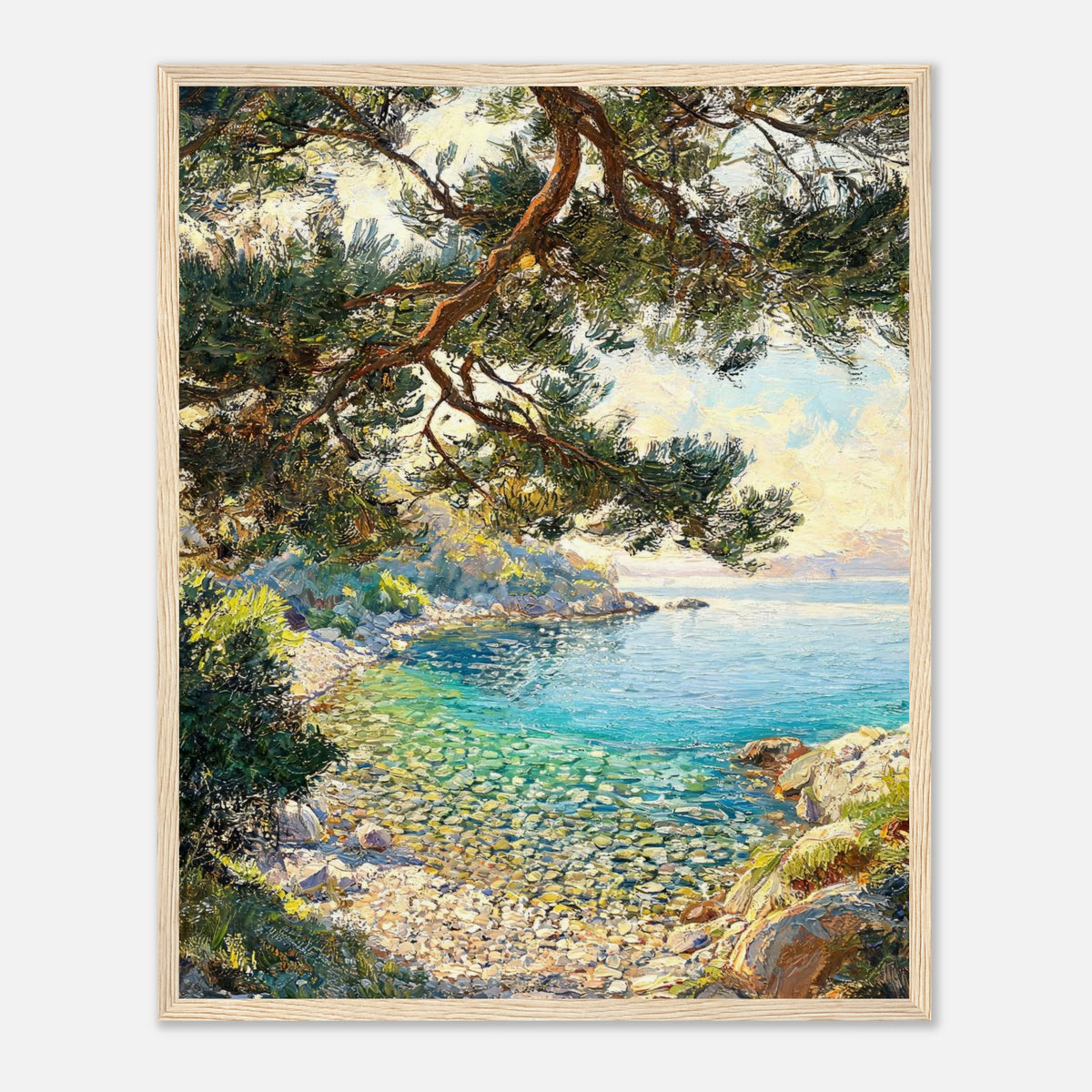 Framed Mediterranean Pine & Coastline Art Print | Vintage Seascape Wall Decor
