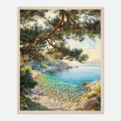 Framed Mediterranean Pine & Coastline Art Print | Vintage Seascape Wall Decor