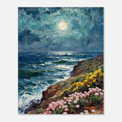 Moonlit Coastal Cliff Flowers Impressionist Art Print