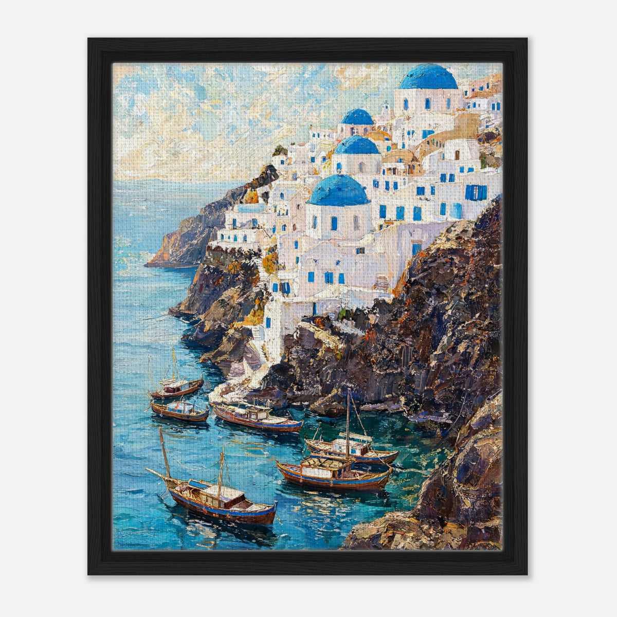 Santorini Cliffside Village & Boats Impressionist Art Print