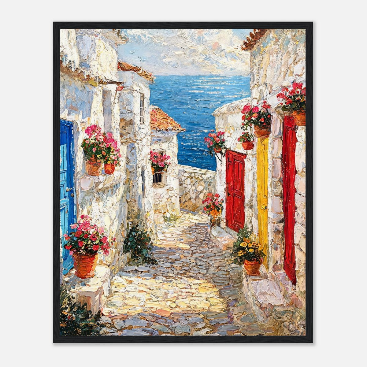 Framed Mediterranean Coastal Alleyway Art Print | Village Seascape Wall Decor