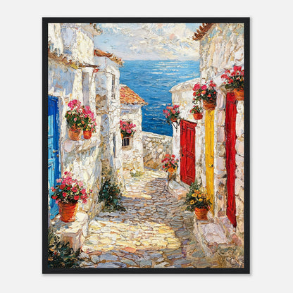 Framed Mediterranean Coastal Alleyway Art Print | Village Seascape Wall Decor