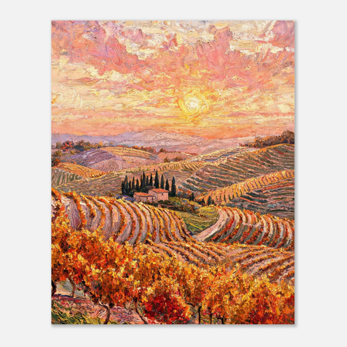 Tuscan Hills Autumn Sunset Vineyard Impressionist Art Print