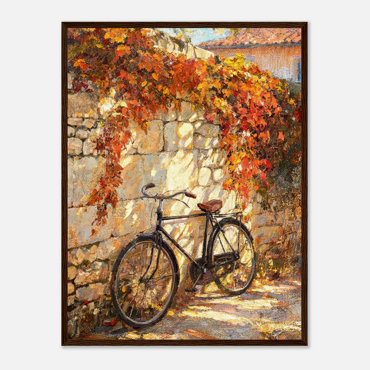 Autumn Vintage Bicycle Stone Wall Impressionist Art Print