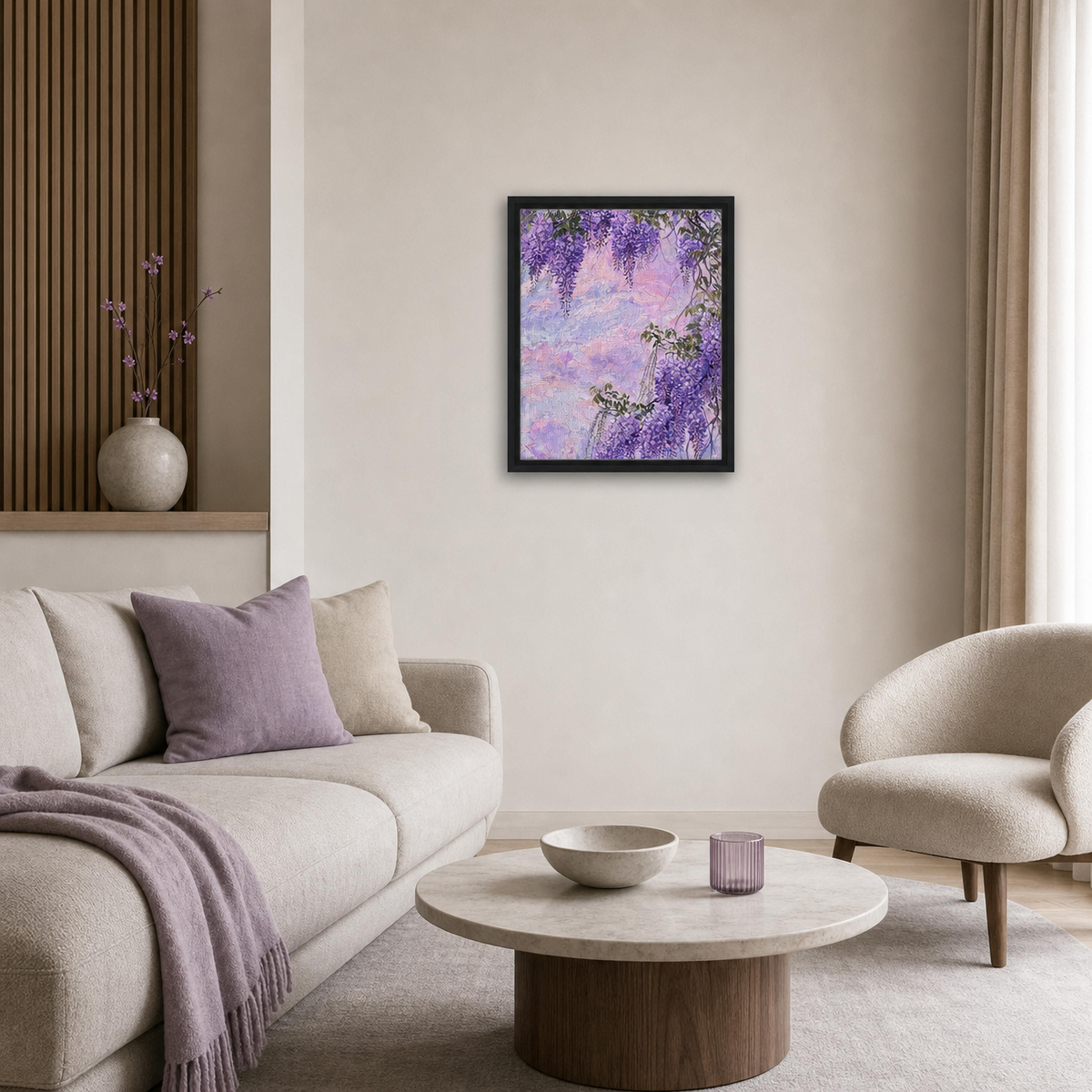Framed Canvas Art: Cascading Wisteria | Modern Floral Landscape Print