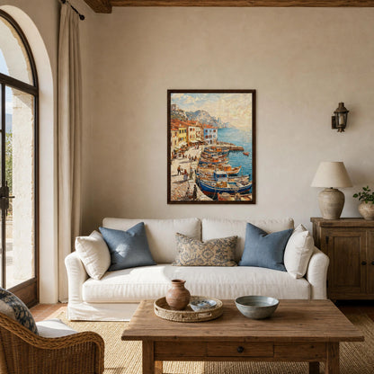 Framed Mediterranean Harbor Canvas | Scenic Coastal Wall Decor