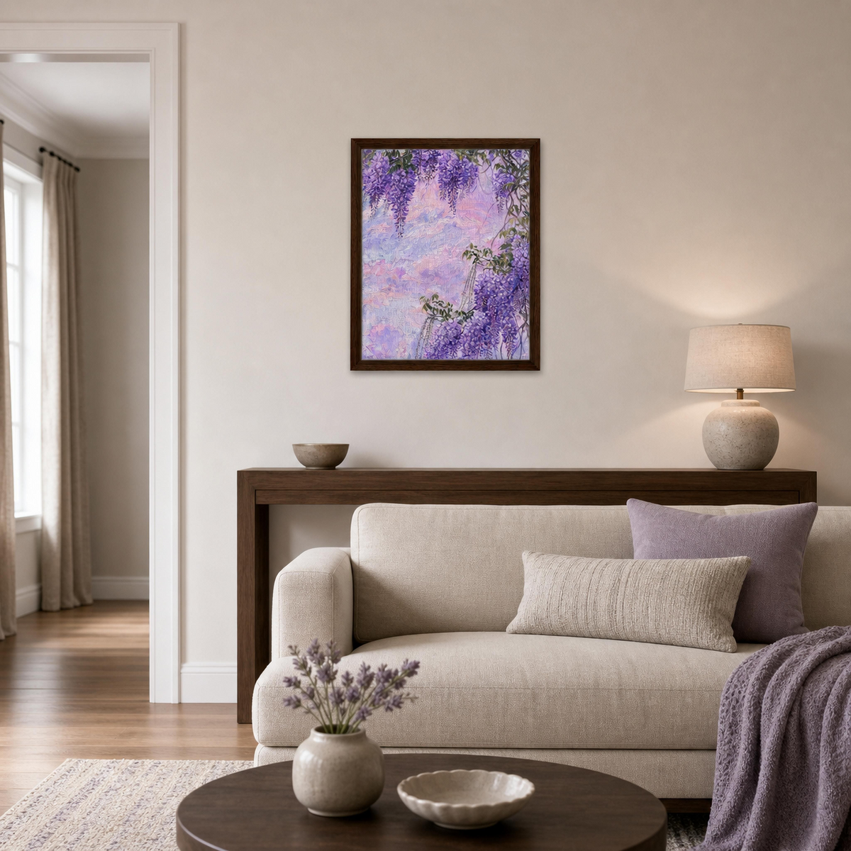 Framed Canvas Art: Cascading Wisteria | Modern Floral Landscape Print
