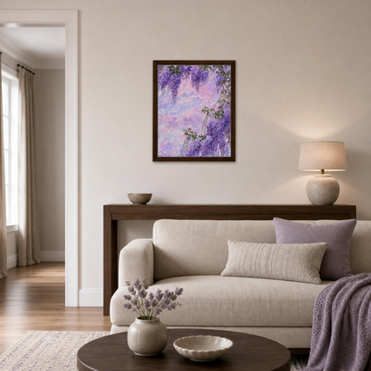 Framed Canvas Art: Cascading Wisteria | Modern Floral Landscape Print