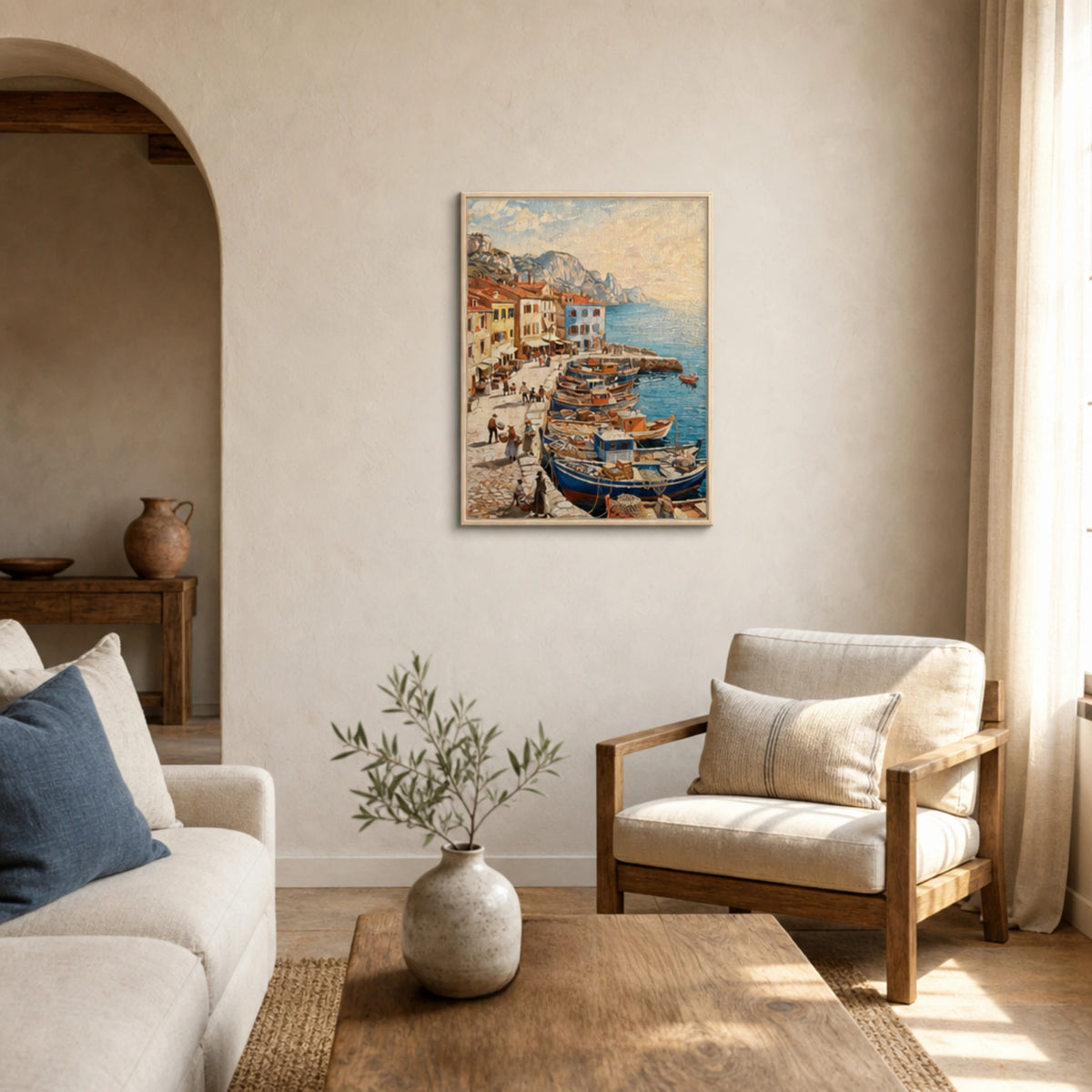 Framed Mediterranean Harbor Canvas | Scenic Coastal Wall Decor