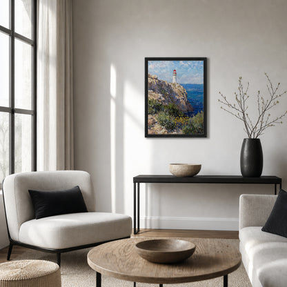 Framed Mediterranean Coastal Lighthouse & Cliff Canvas Wall Art