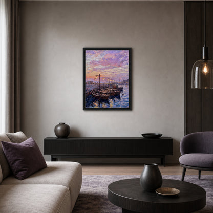 A framed art print depicting traditional wooden boats on water under a purple and pink sunset sky, displayed on a neutral wall in a modern living room setting.