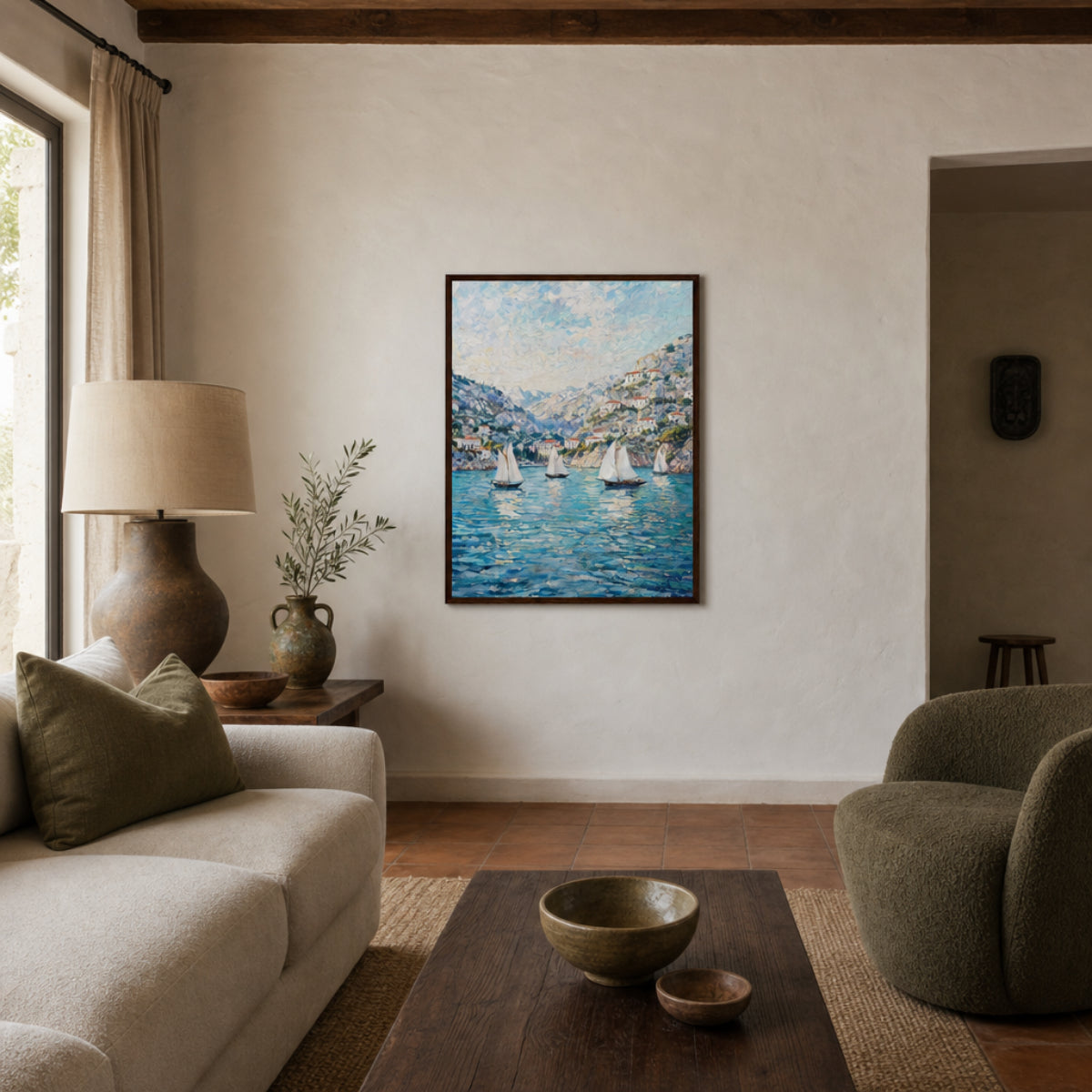 Framed Mediterranean Sailboats in Coastal Bay Art Print