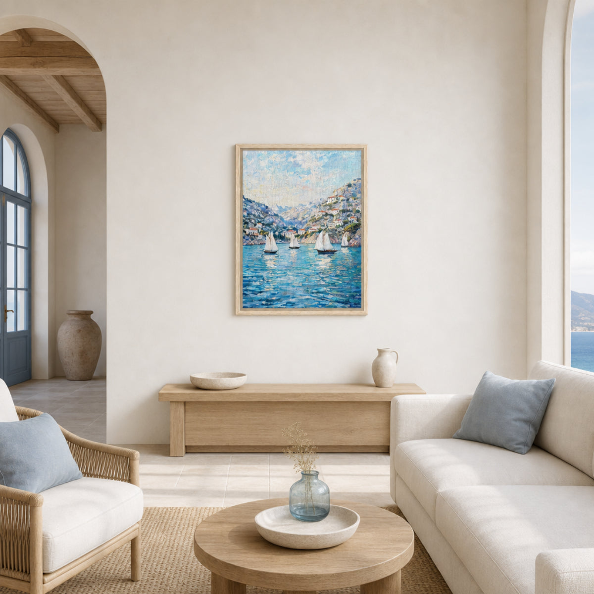 Framed Mediterranean Sailboats in Coastal Bay Canvas Wall Art