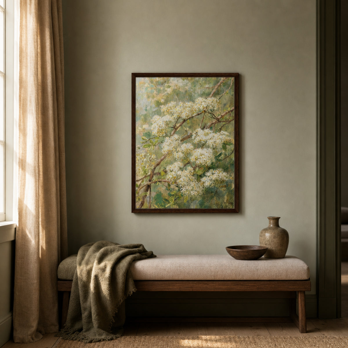 Impressionist White Blossom Branch Framed Canvas Wall Art