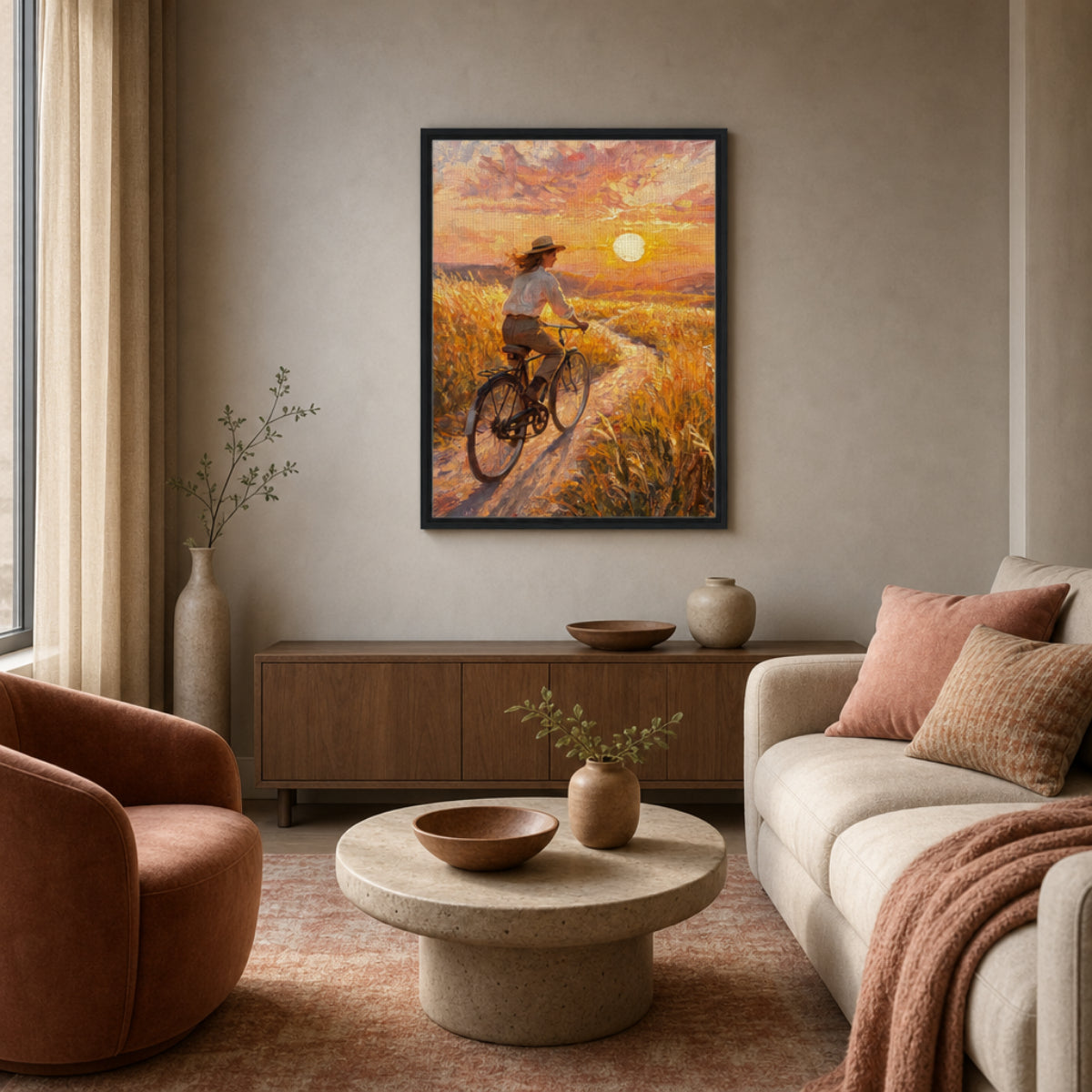 Golden Hour Bicycle Journey Framed Canvas Art