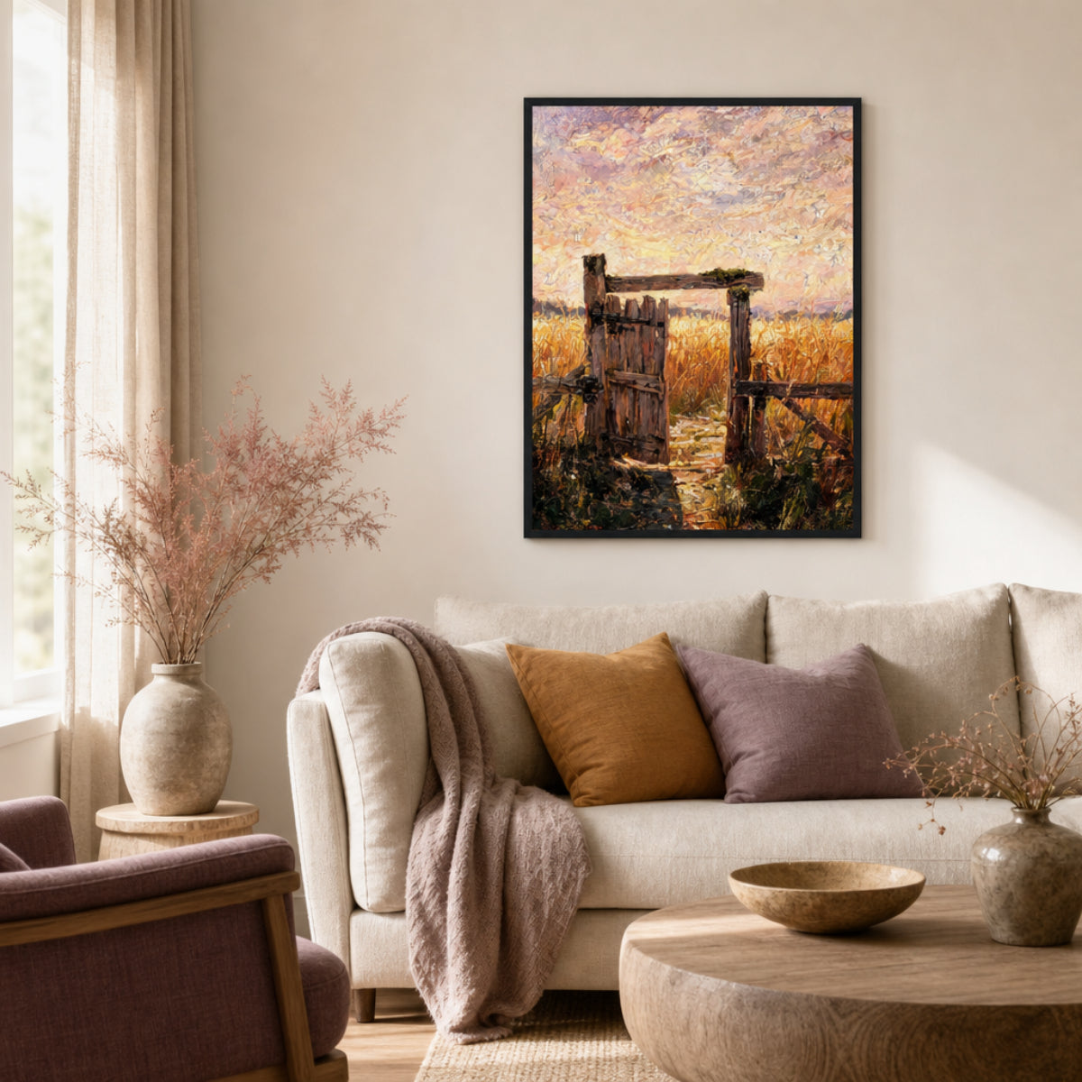 Rustic Wooden Gate Sunset Framed Fine Art Print