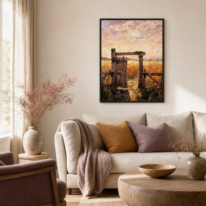 Rustic Wooden Gate Sunset Framed Fine Art Print