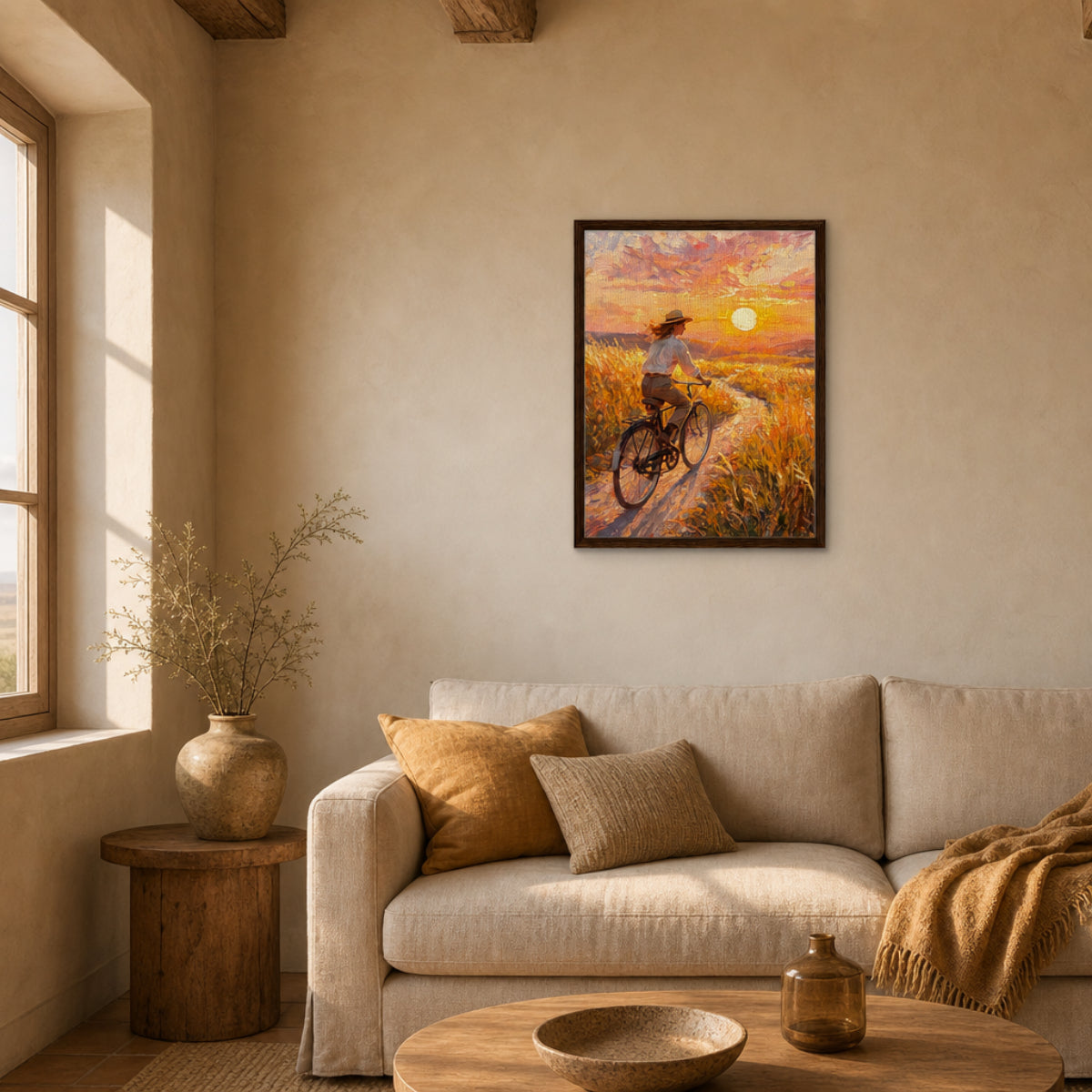 Golden Hour Bicycle Journey Framed Canvas Art