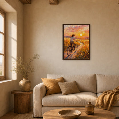 Golden Hour Bicycle Journey Framed Canvas Art