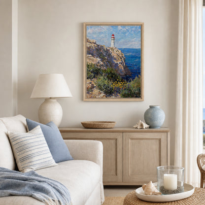 Framed Mediterranean Coastal Lighthouse & Cliff Canvas Wall Art