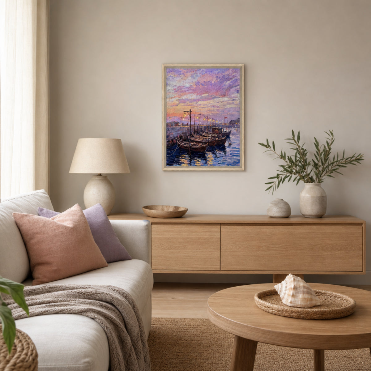 A framed painting of traditional boats on the water at sunset hangs on a beige wall in a modern, stylishly decorated living room with a wooden console, sofa, and coffee table.