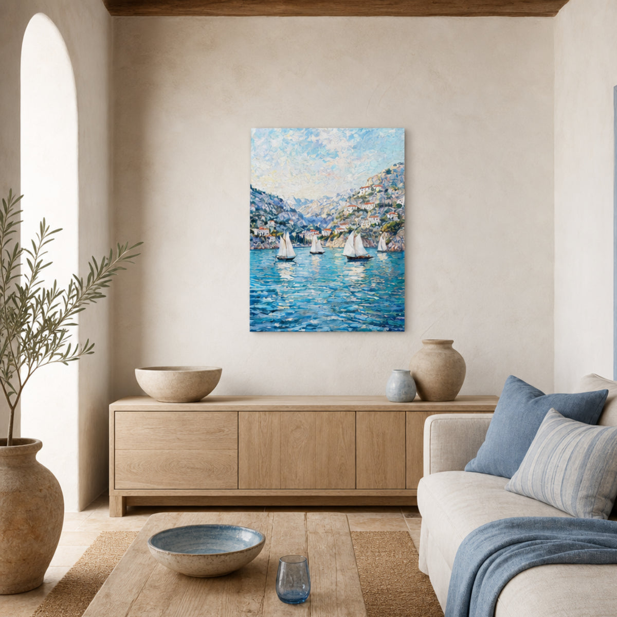 Mediterranean Sailboats in Coastal Bay Canvas Print