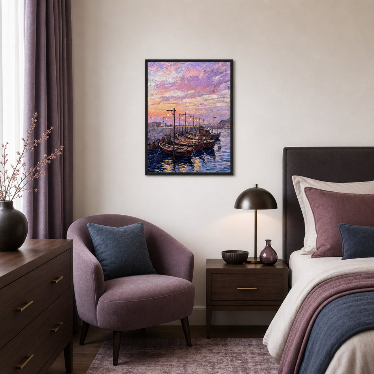 Framed Mediterranean Harbor at Twilight Art Print