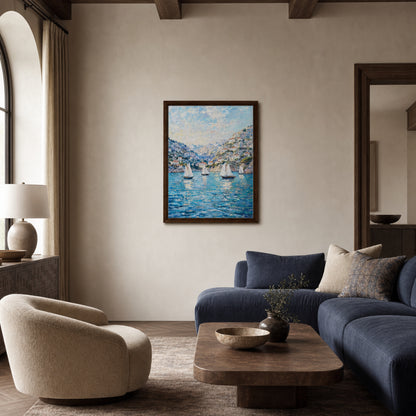Framed Mediterranean Sailboats in Coastal Bay Canvas Wall Art