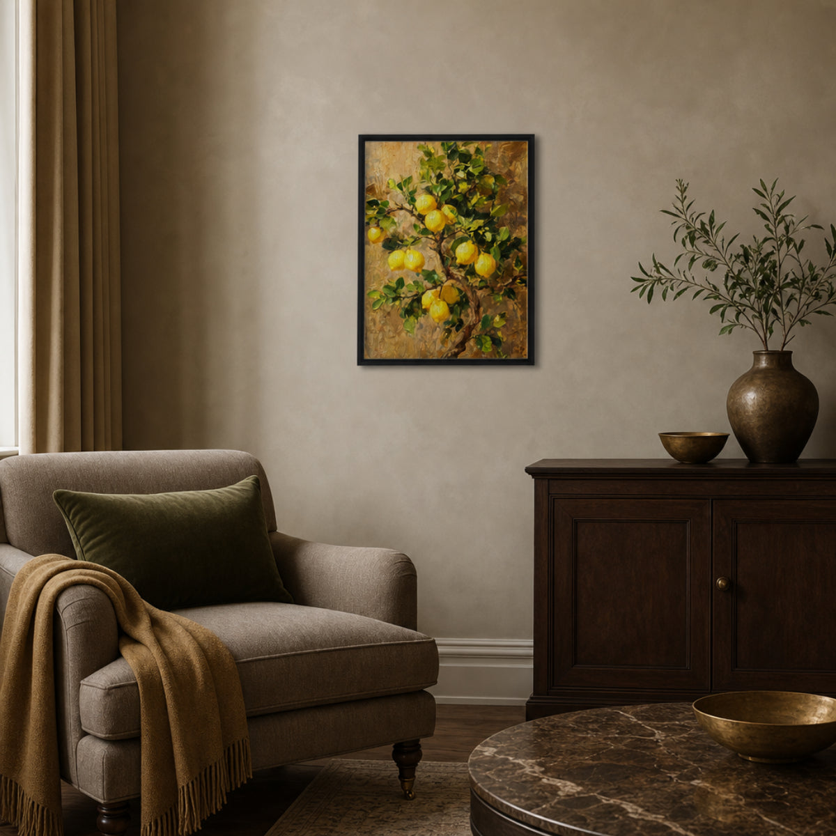 Impressionist Lemon Tree Branch Framed Canvas Wall Art