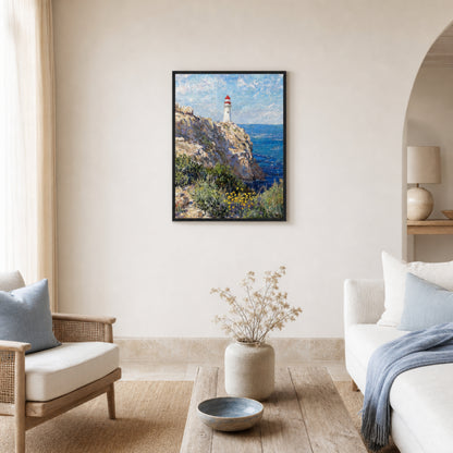 Framed Mediterranean Coastal Lighthouse & Cliff Art Print