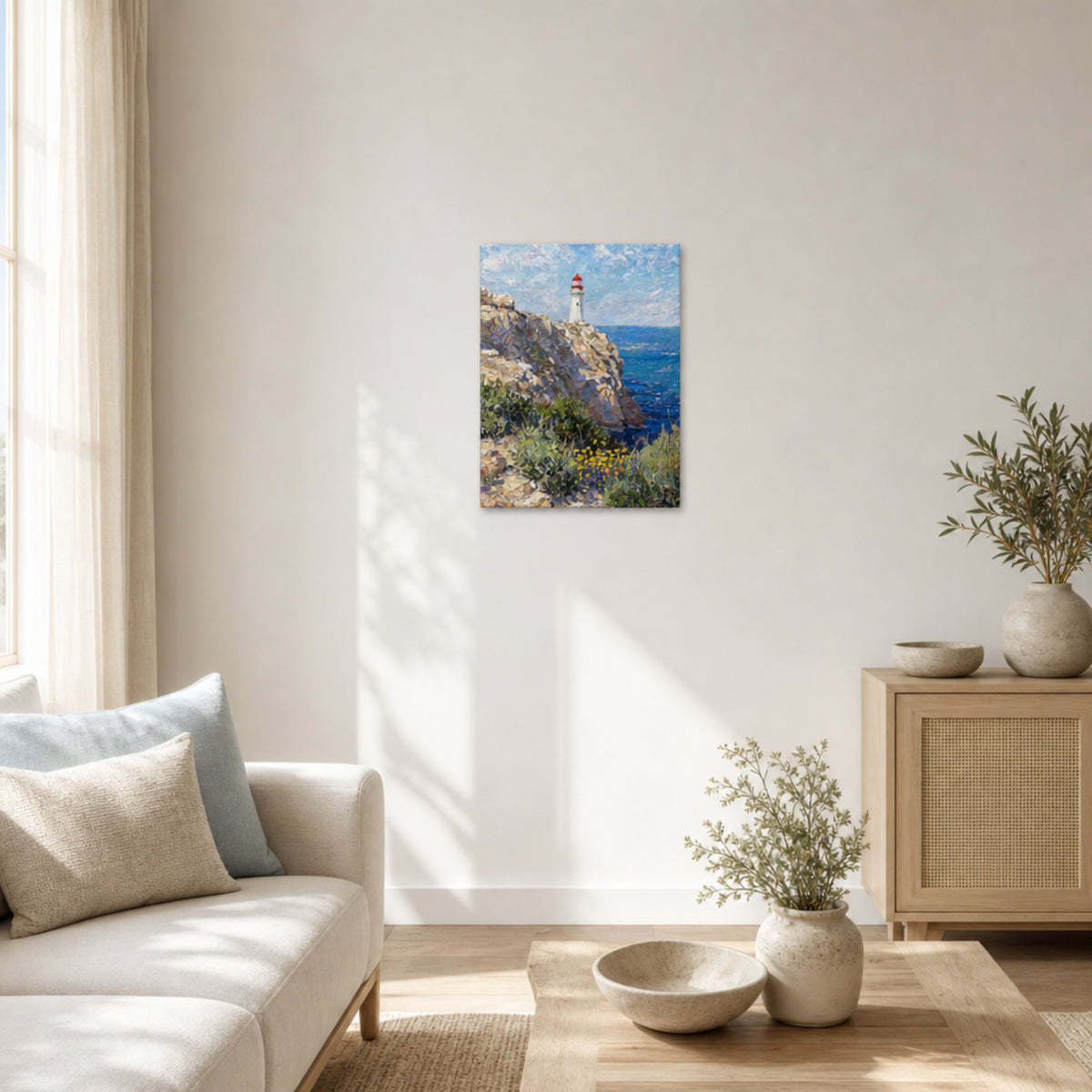 Mediterranean Coastal Lighthouse & Cliff Canvas Print