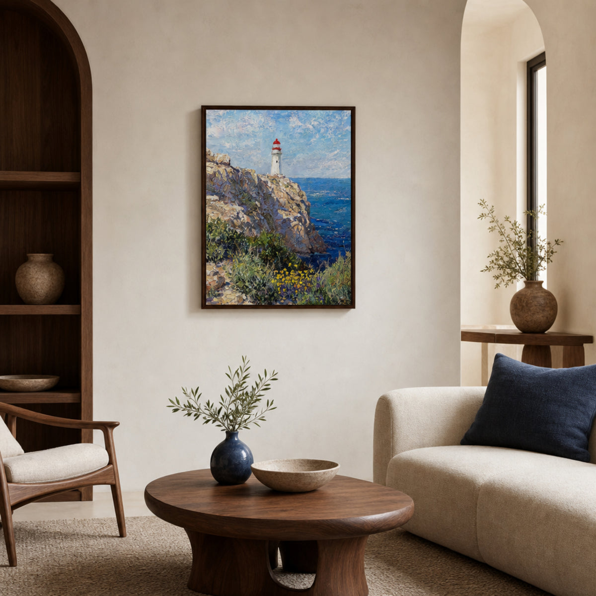 Framed Mediterranean Coastal Lighthouse & Cliff Art Print