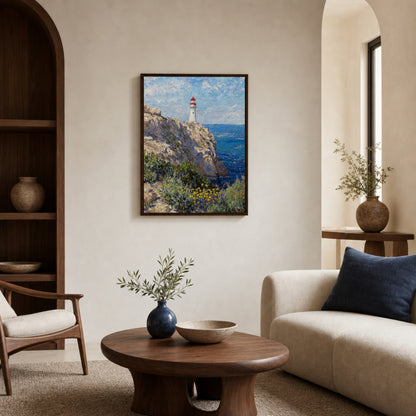 Framed Mediterranean Coastal Lighthouse & Cliff Art Print