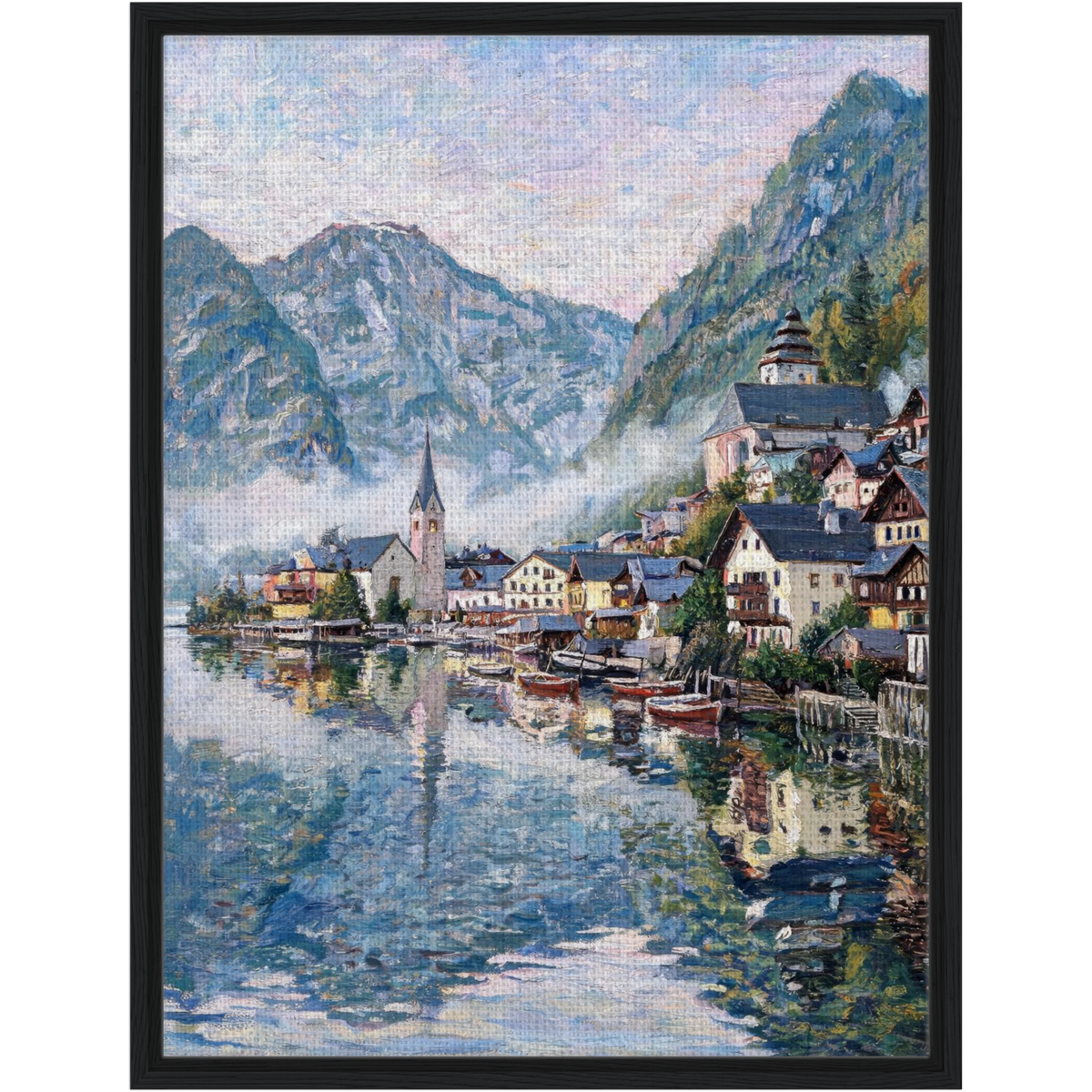 Framed Alpine Lake Village Canvas | Scenic Mountain Decor