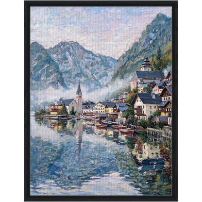 Framed Alpine Lake Village Canvas | Scenic Mountain Decor