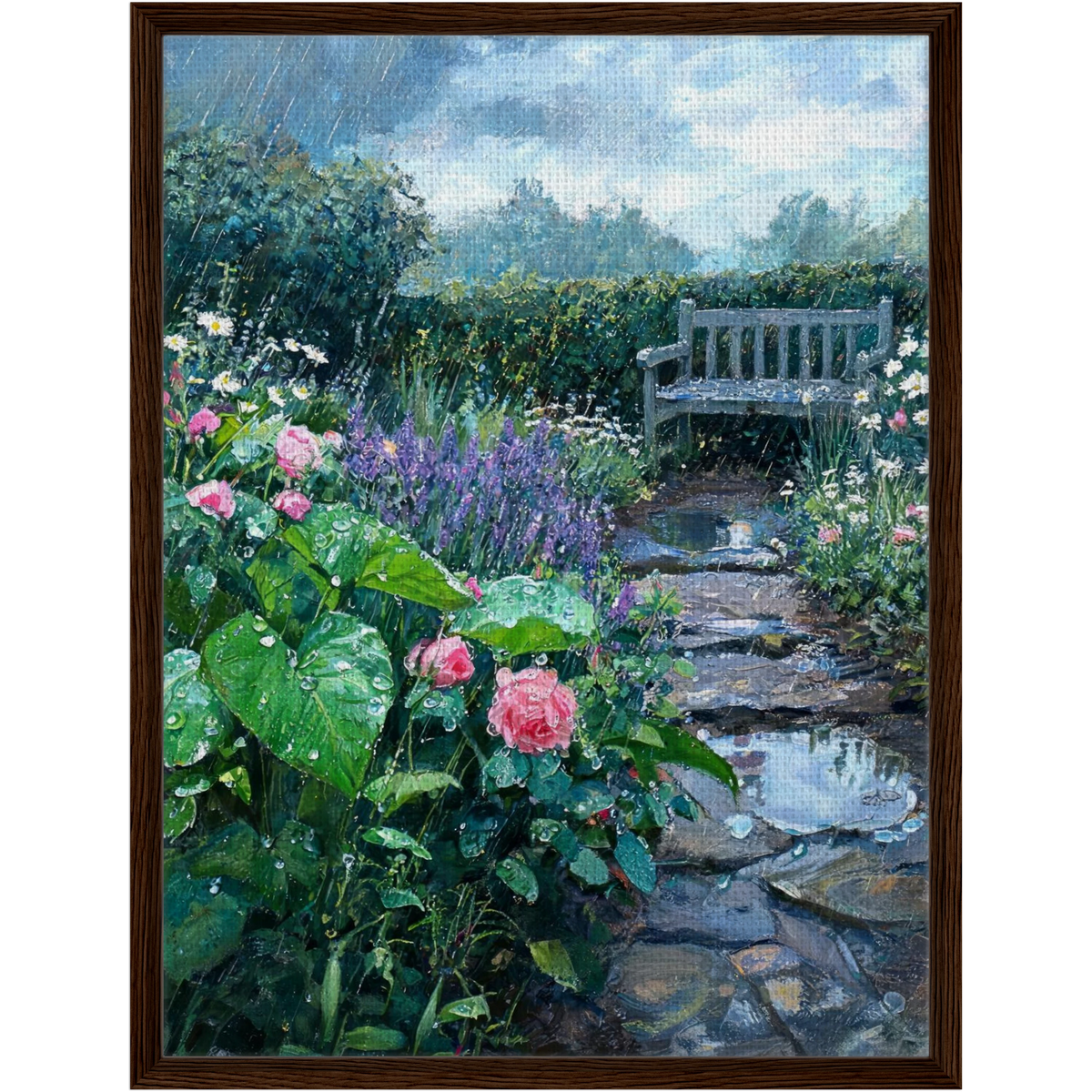 Rainy Garden Bench and Stone Path Framed Canvas | Vintstep