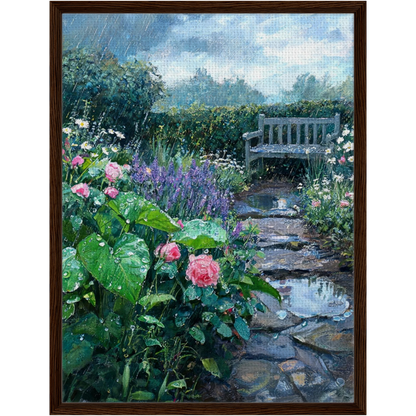 Rainy Garden Bench and Stone Path Framed Canvas | Vintstep