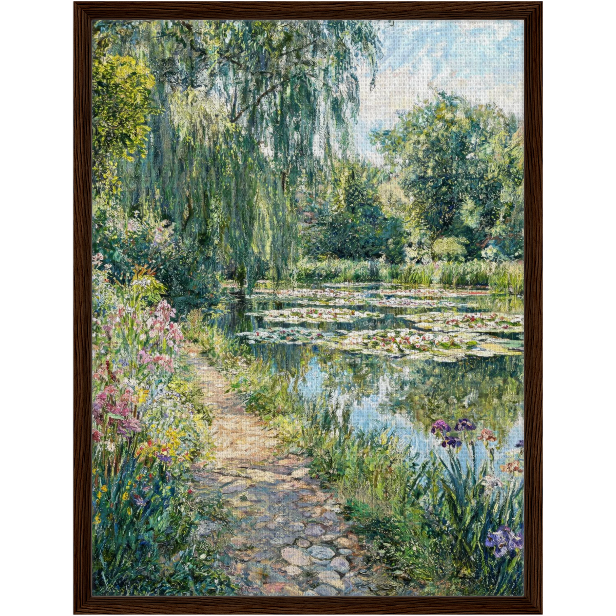 Cobblestone Path by Water Lily Pond Framed Canvas | Vintstep