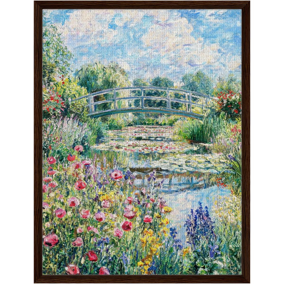Sunny Japanese Bridge and Flower Garden Framed Canvas | Vintstep