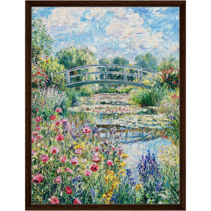 Sunny Japanese Bridge and Flower Garden Framed Canvas | Vintstep