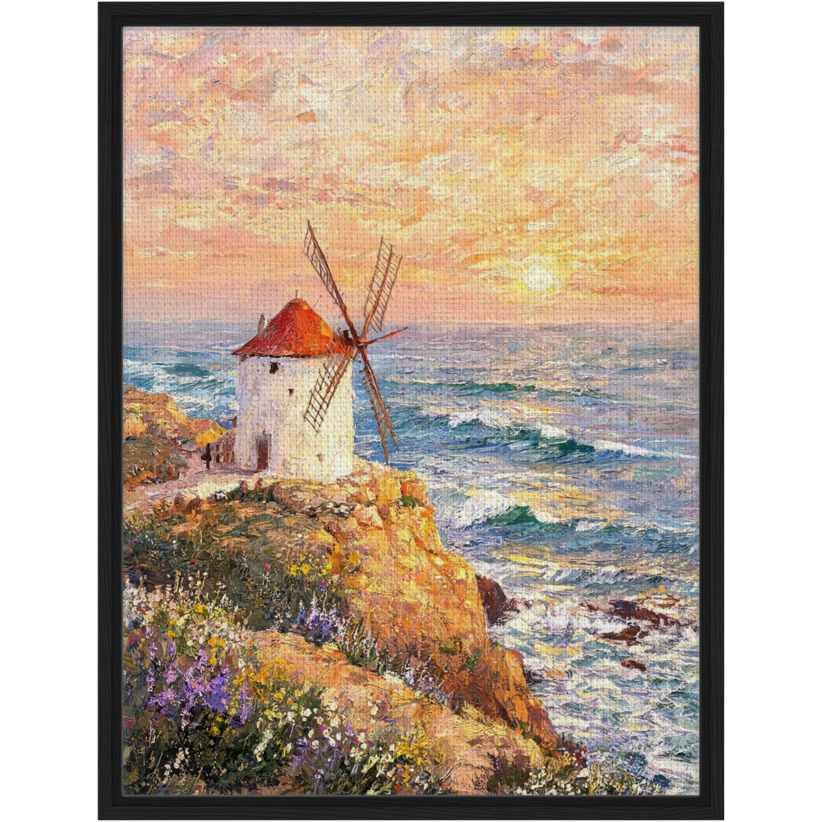Framed Coastal Windmill Sunset Canvas | Seaside Wall Art Decor