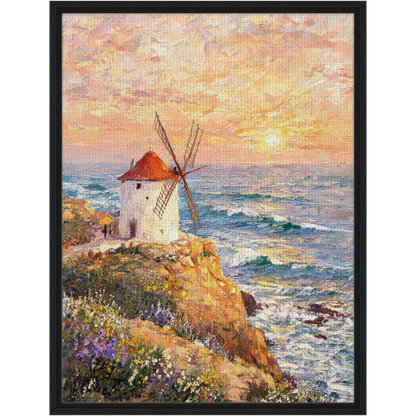 Framed Coastal Windmill Sunset Canvas | Seaside Wall Art Decor