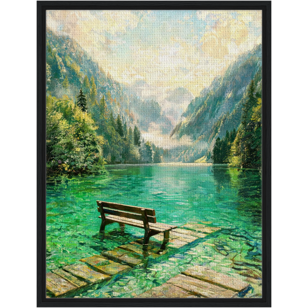 Framed Alpine Lake Bench Canvas | Serene Mountain Wall Decor